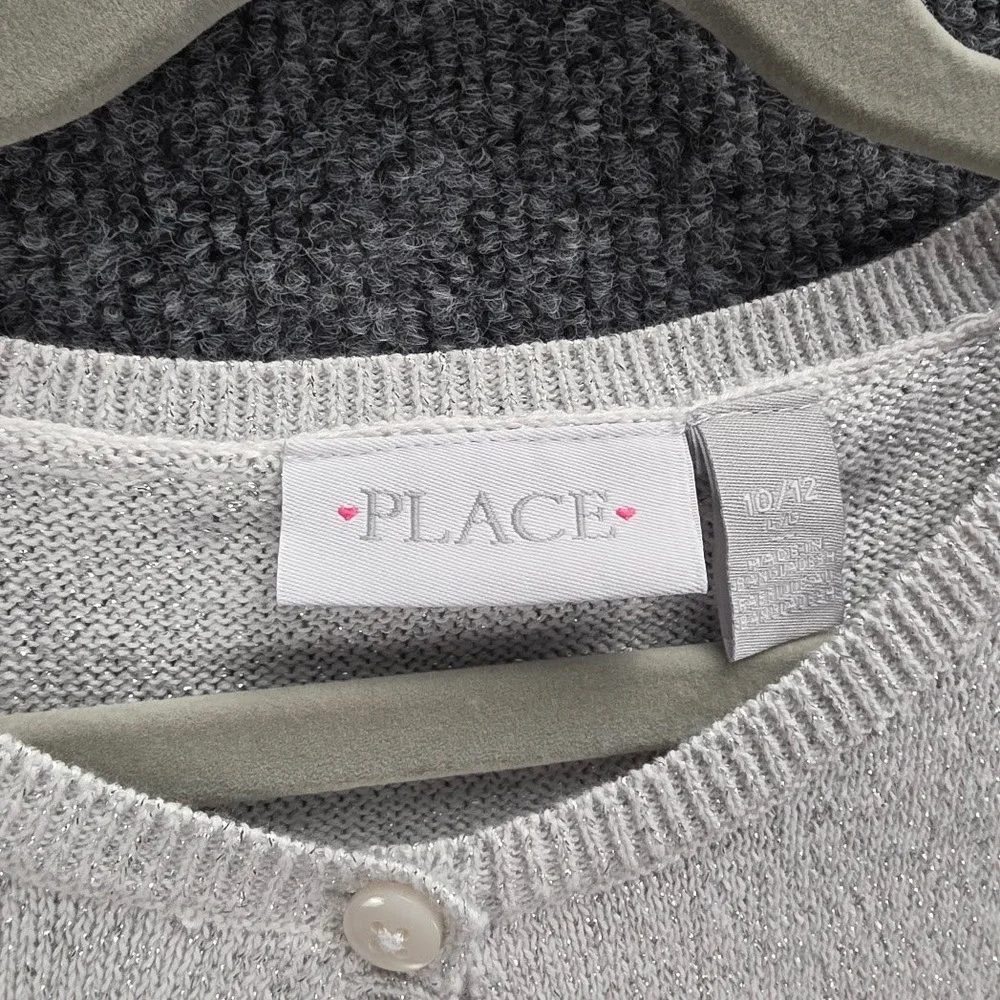 The Childrens Place Girls Silver Metallic Shimmer Button Front Cardigan Sz 10/12
